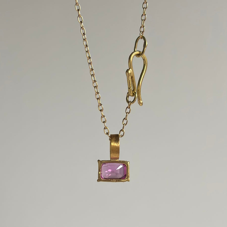  Petite Emerald Cut Pink Sapphire Pendant hanging view 3