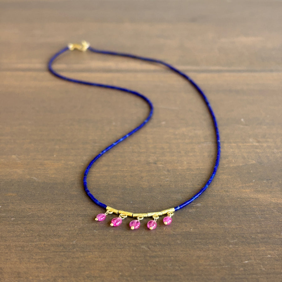 Petite Lapis Beaded Necklace with Ruby & 22k Gold Fringe
