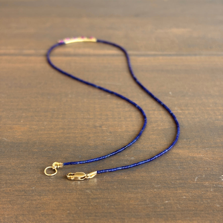 Petite Lapis Beaded Necklace with Ruby & 22k Gold Fringe 3