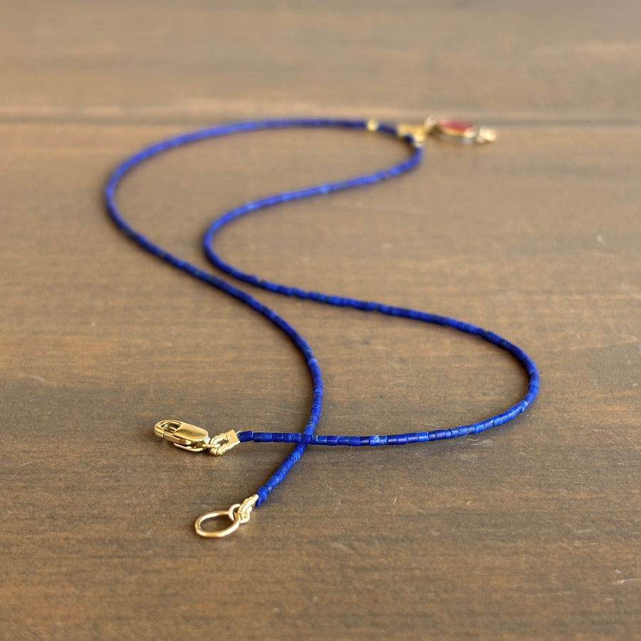 Petite Lapis Beaded Necklace with Ruby & 22k Gold Pendant 3