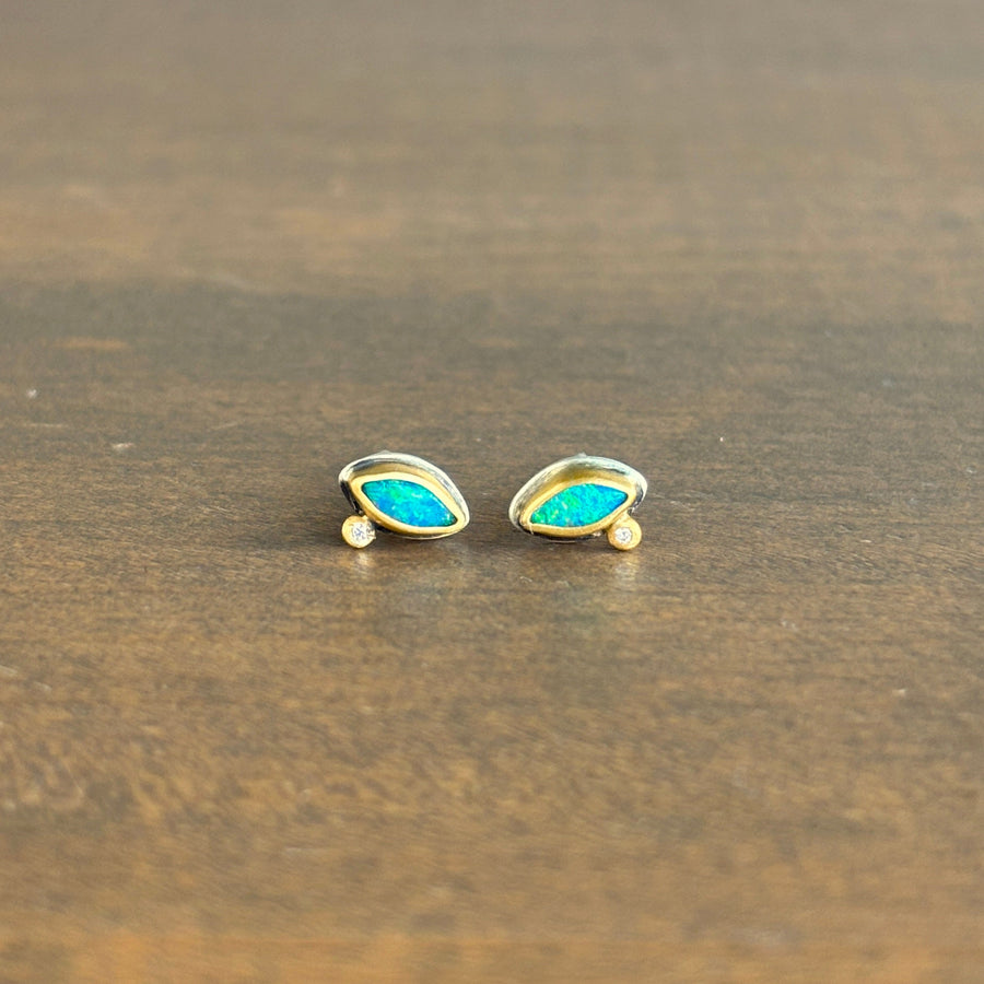 Petite Marquise Opal Stud Earrings with 22k Gold & Sterling Silver