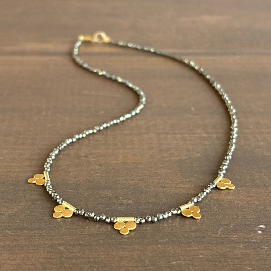 Petite Pyrite Beaded Necklace with 22k Gold Dot Trios