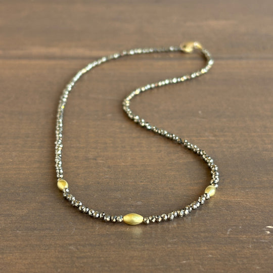 Petite Pyrite Beaded Necklace with 22k Gold Rice Beads