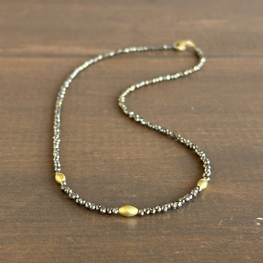 Petite Pyrite Beaded Necklace with 22k Gold Rice Beads