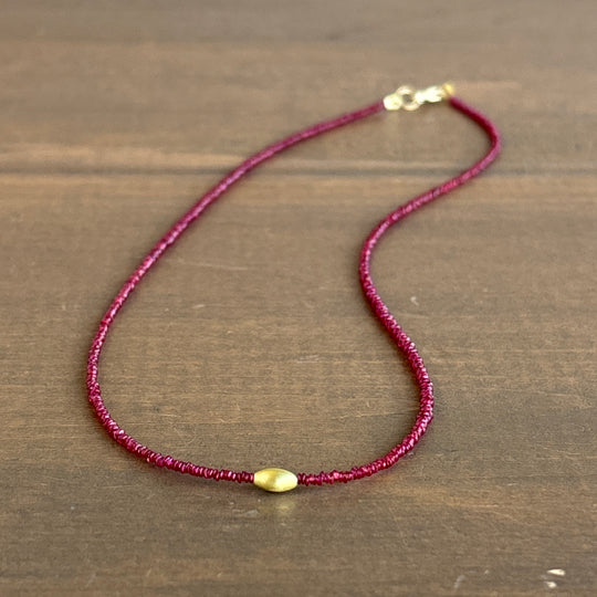 Petite Ruby Beaded Necklace with 20k Gold Rice Bead