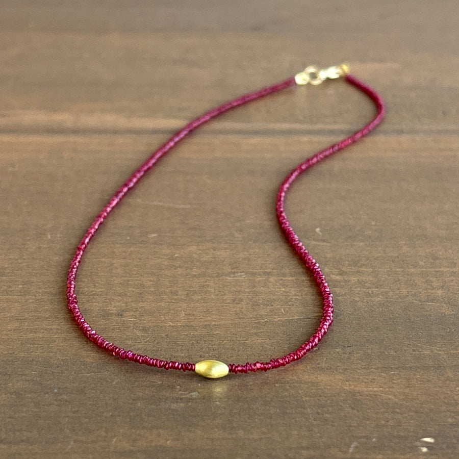 Petite Ruby Beaded Necklace with 20k Gold Rice Bead