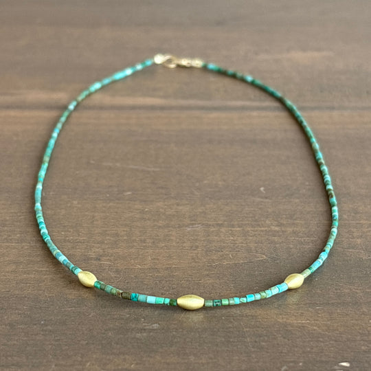 Petite Turquoise Beaded Necklace with 20k Gold Rice Beads