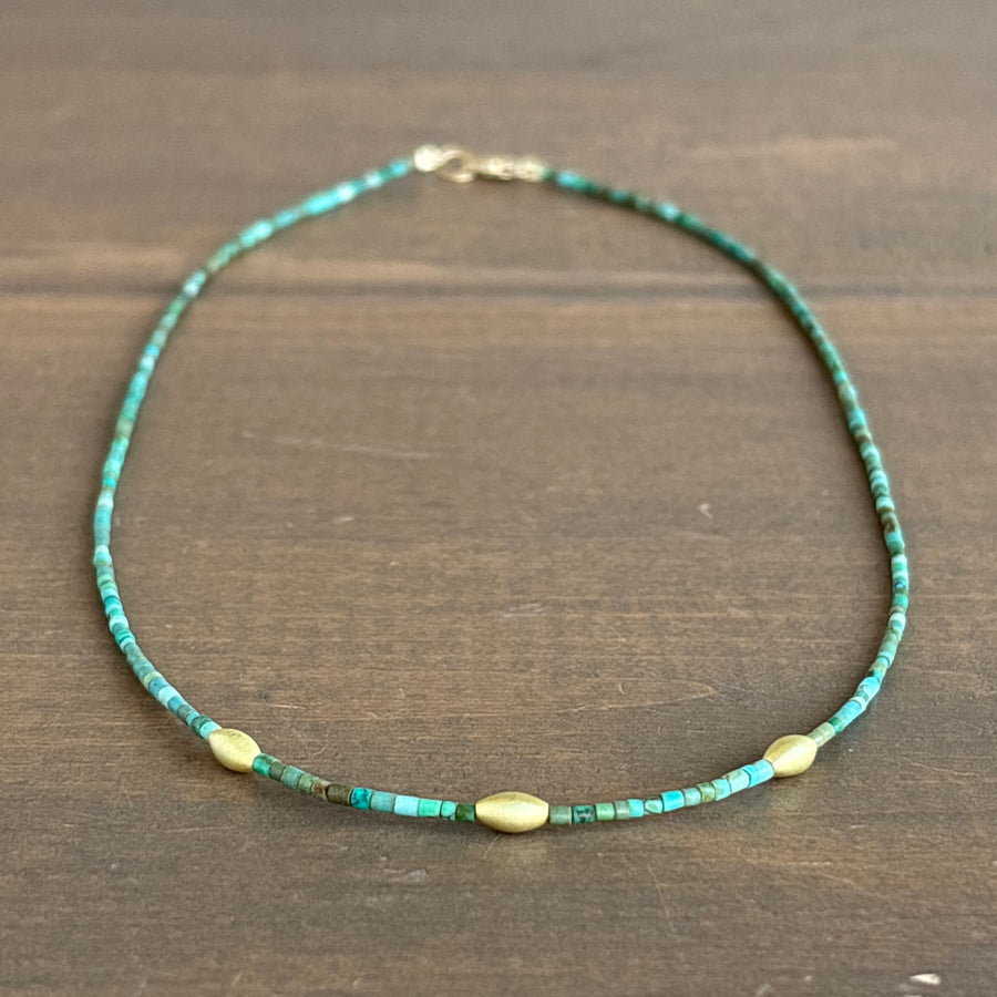 Petite Turquoise Beaded Necklace with 20k Gold Rice Beads
