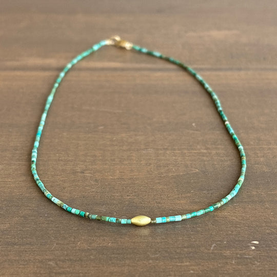Petite Turquoise Beaded Necklace with Single 20k Gold Rice Bead