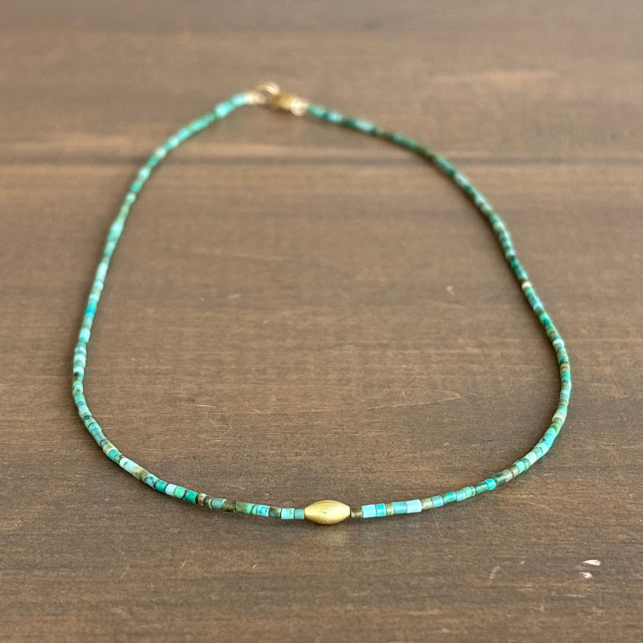 Petite Turquoise Beaded Necklace with Single 20k Gold Rice Bead
