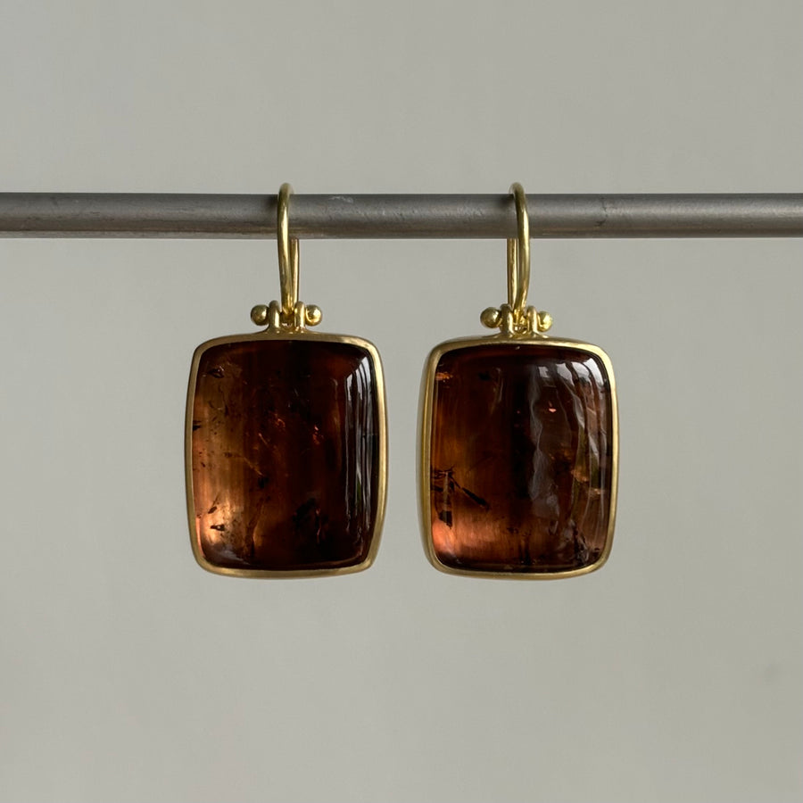 Pinky Brown Tourmaline Rectangle Earrings by Monika Krol hanging view