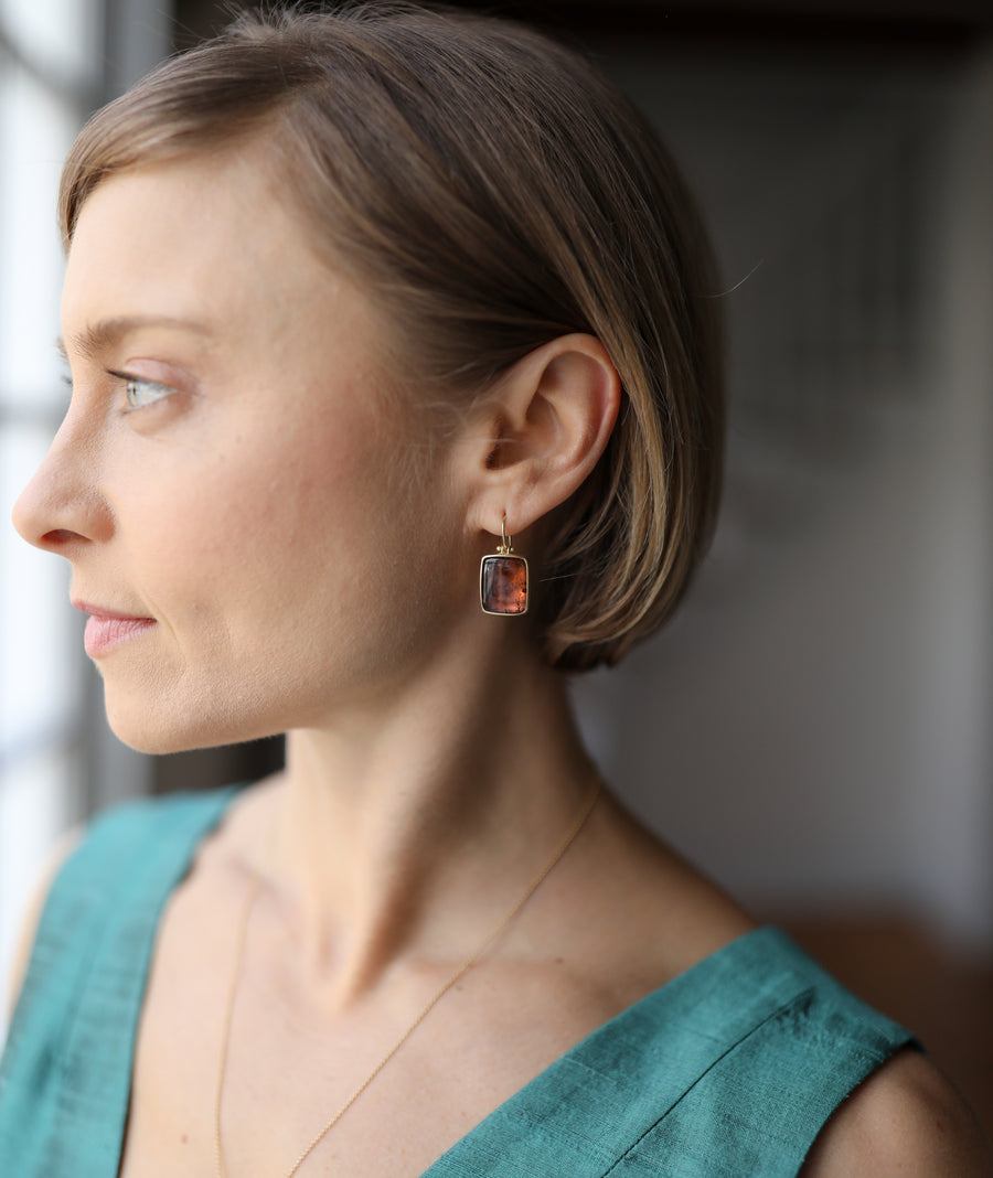 Pinky Brown Tourmaline Rectangle Earrings by Monika Krol on model view