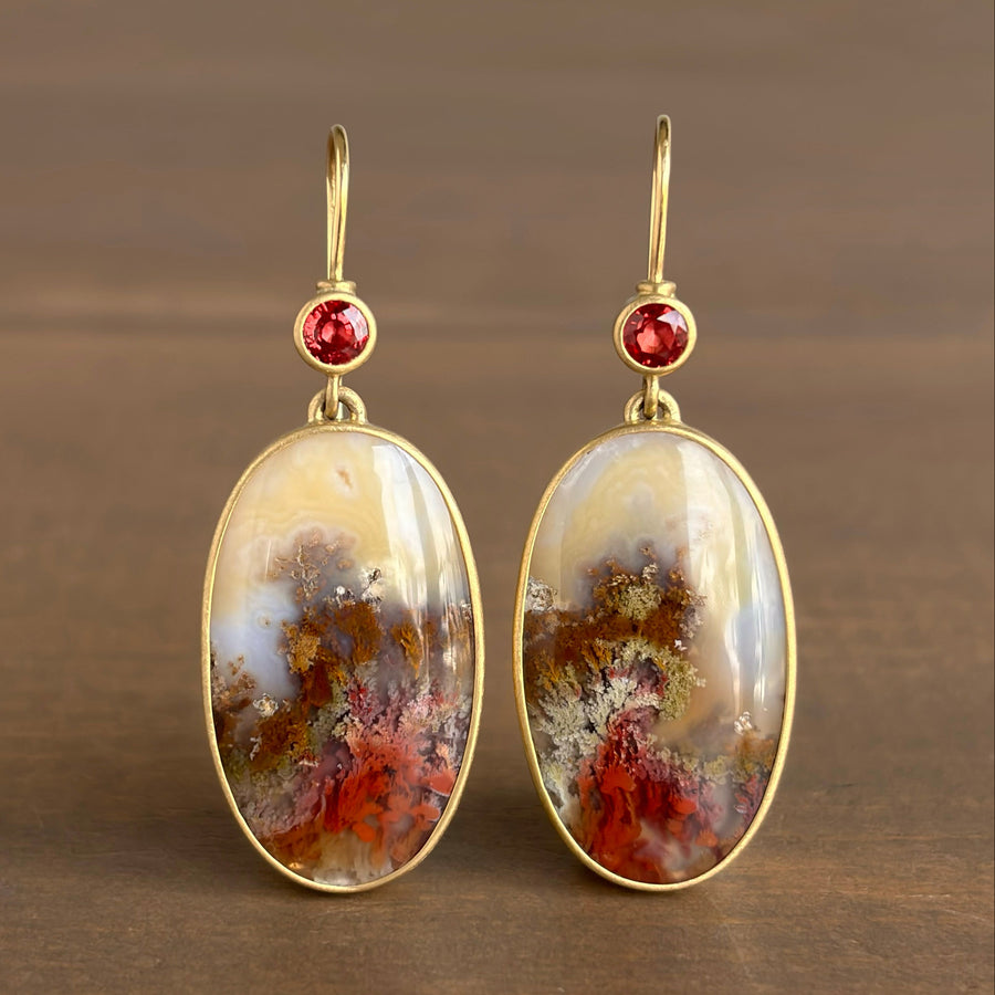 Plume Agate with Red Sapphire Earrings by Monika Krol