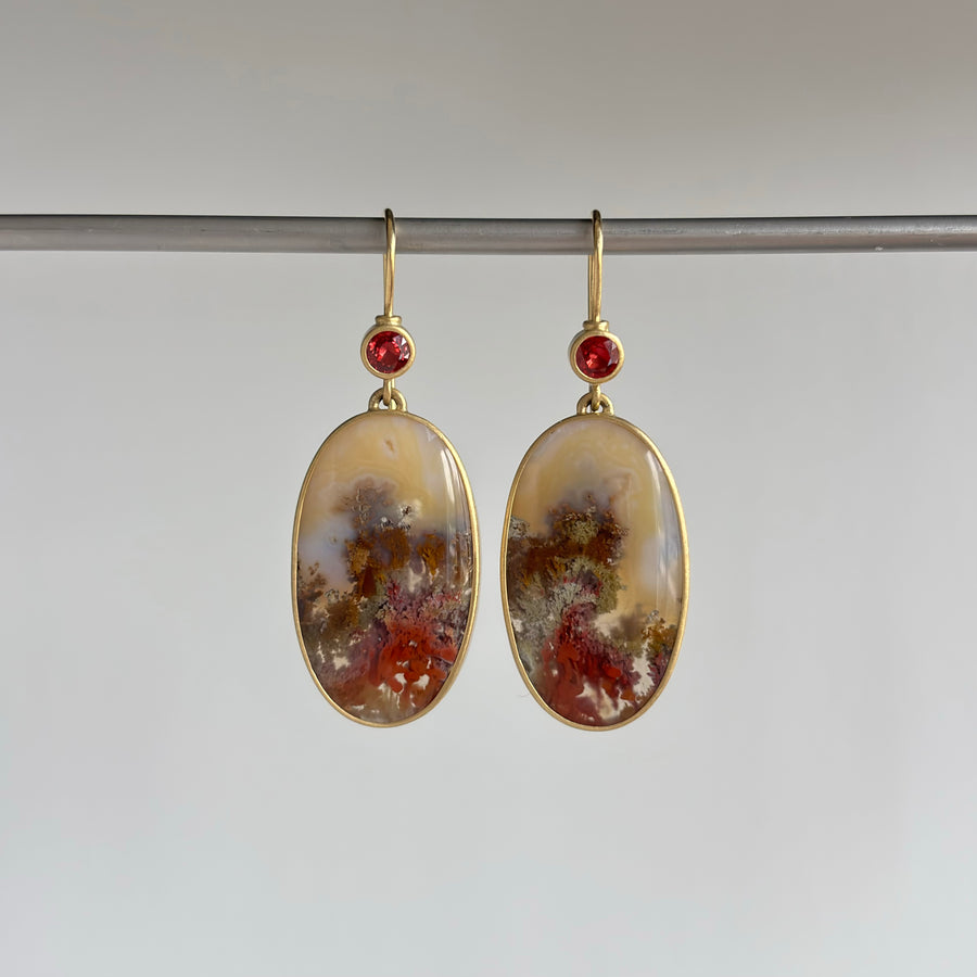 Plume Agate with Red Sapphire Earrings by Monika Krol hanging view
