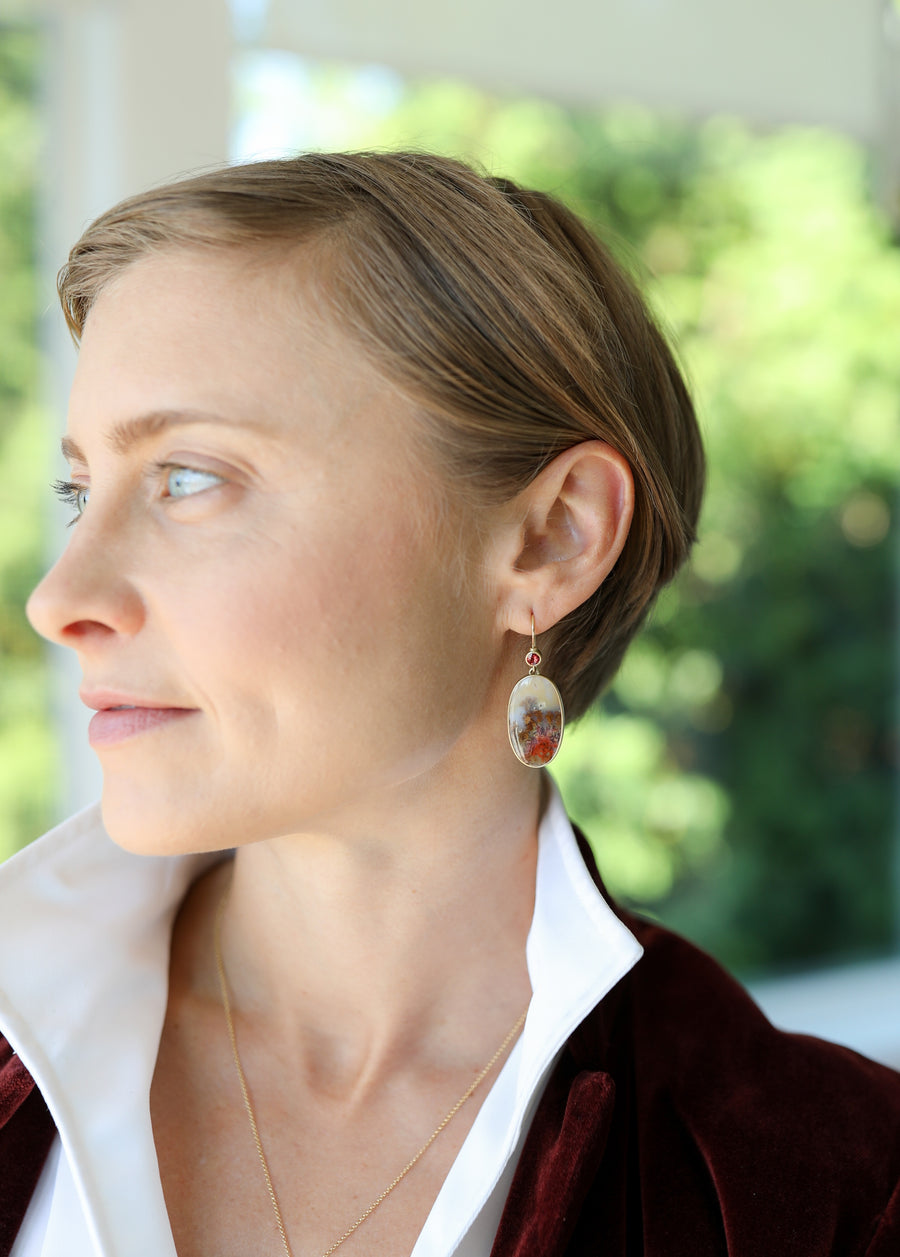 Plume Agate with Red Sapphire Earrings by Monika Krol model view