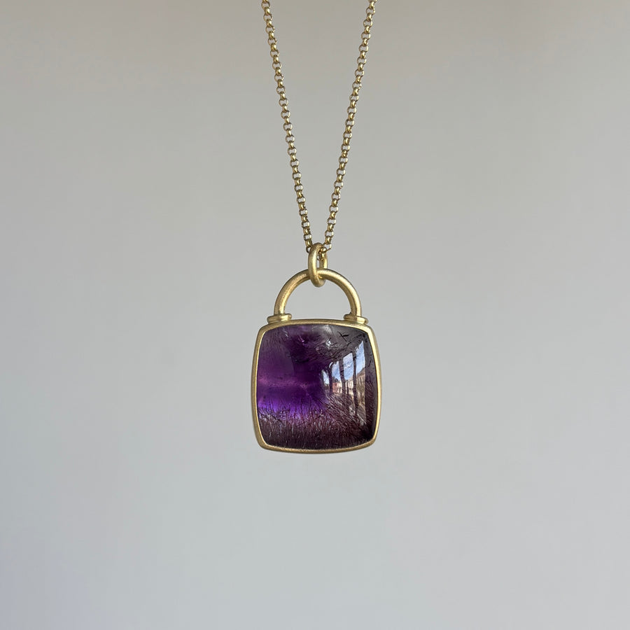 Purple-ish Quartz Cushion Locket Pendant by Monika Krol hanging view