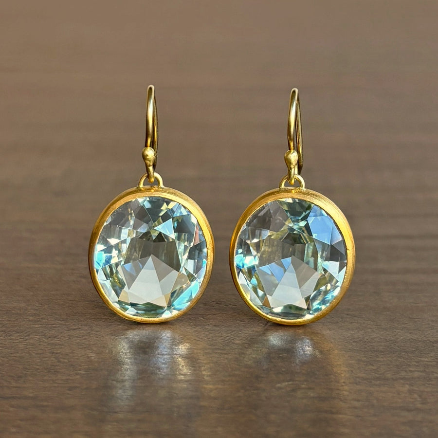 Bezel Set Faceted Oval Blue Topaz Earrings
