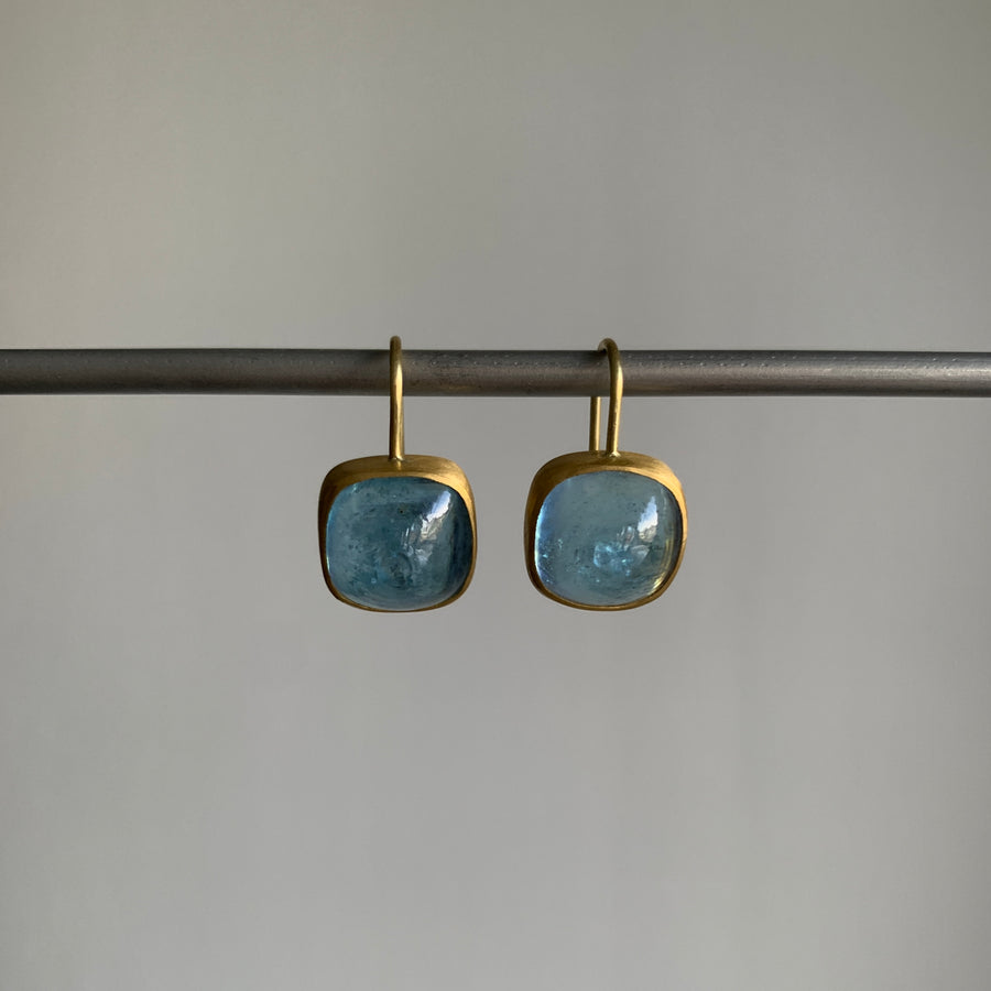 Rosanne Pugliese Squarish Aquamarine Cabochon Earrings hanging view