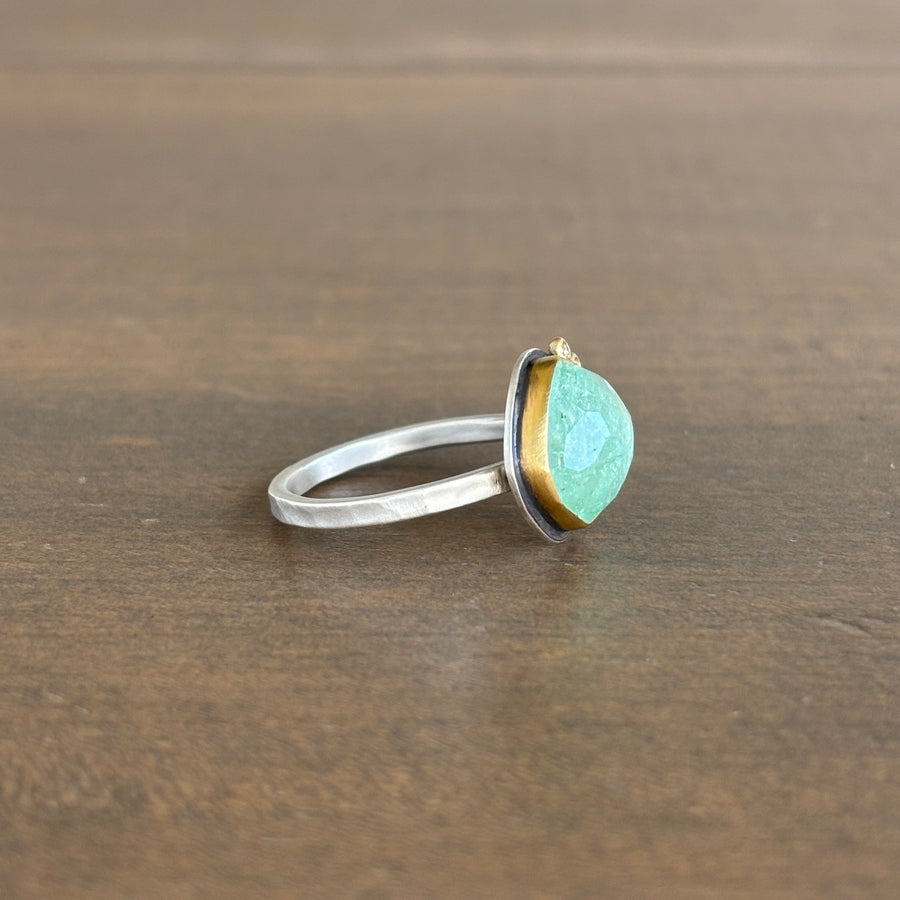 Rose Cut Beryl Ring with 22k Gold, Sterling Silver, & Diamonds side view 2