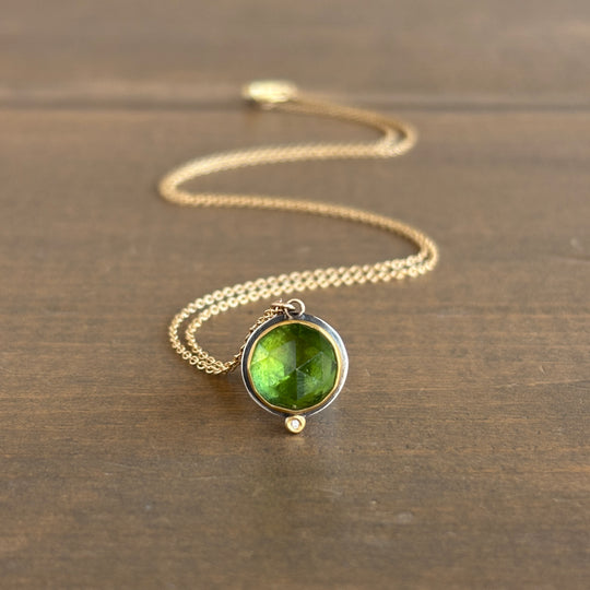 Rose Cut Green Tourmaline Pendant with Diamond, 22k Gold, & Sterling Silver