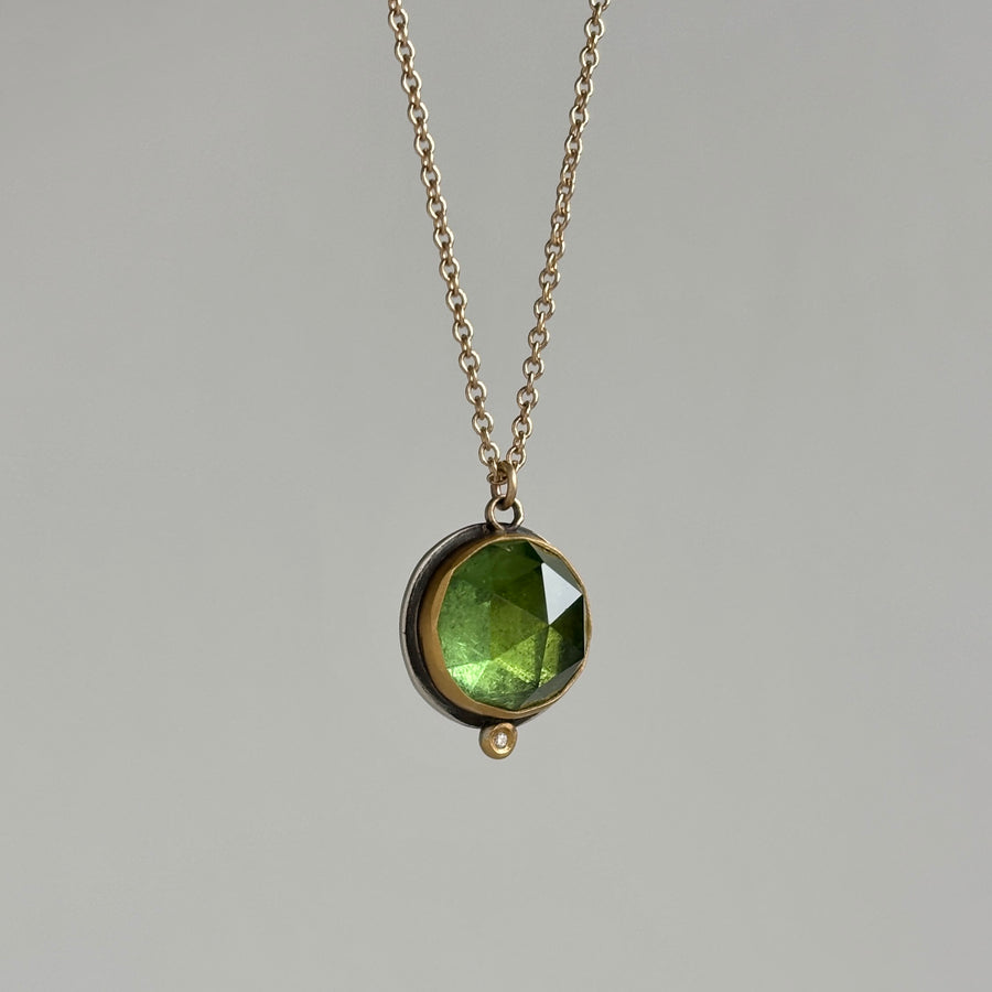 Rose Cut Green Tourmaline Pendant with Diamond, 22k Gold, & Sterling Silver hanging 3