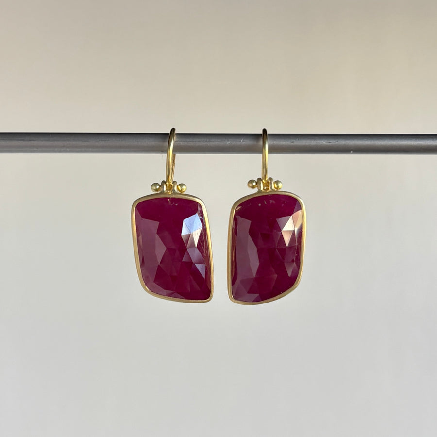 Rose Cut Ruby Flag Earrings by Monika Krol hanging view