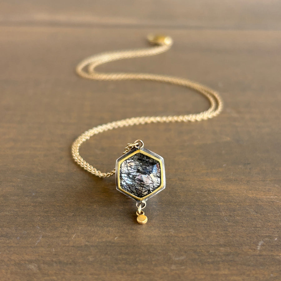 Rose Cut Tourmalated Quartz Pendant with 22k Gold & Sterling Silver