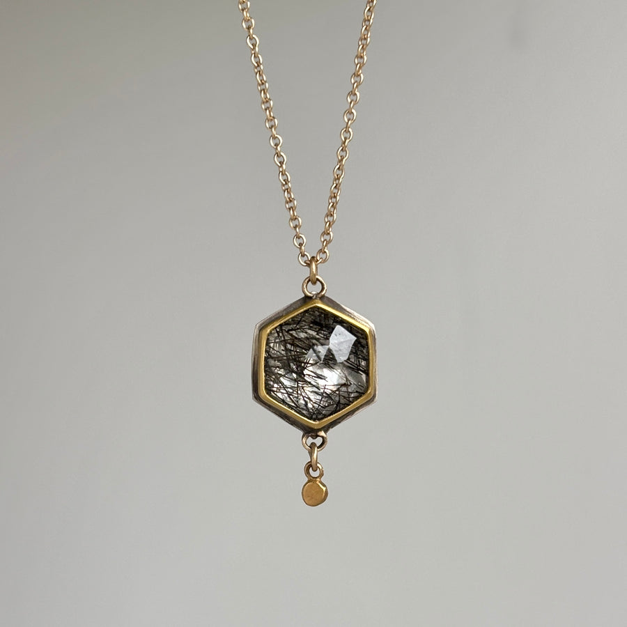Rose Cut Tourmalated Quartz Pendant with 22k Gold & Sterling Silver hanging