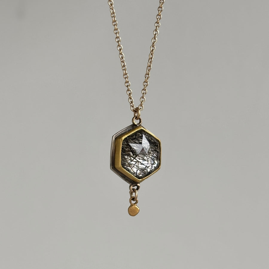 Rose Cut Tourmalated Quartz Pendant with 22k Gold & Sterling Silver hanging 2