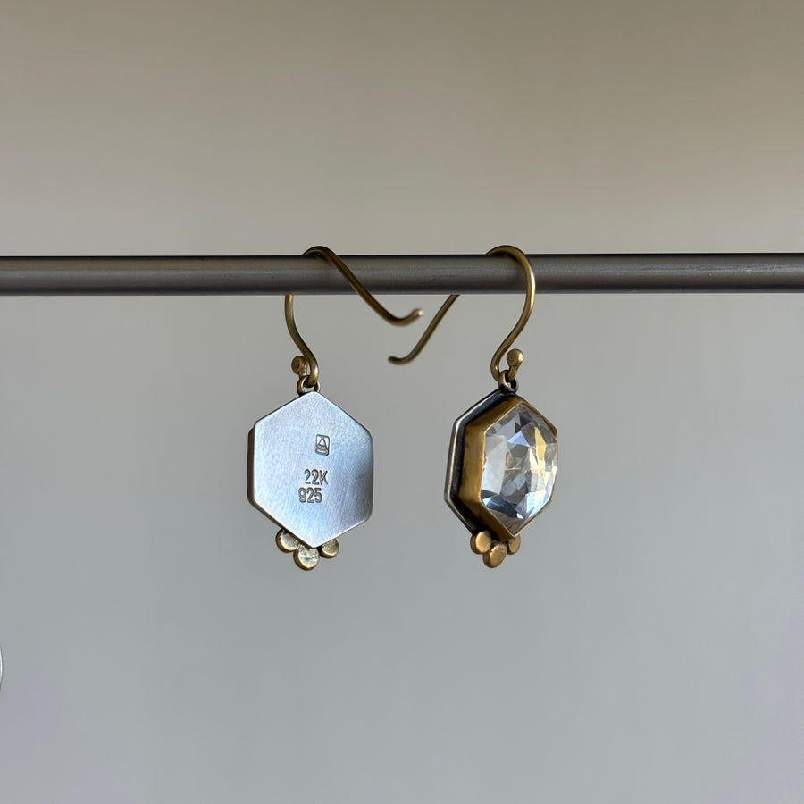 Rose Cut White Topaz Earrings with 22k Gold & Sterling Silver hanging 2