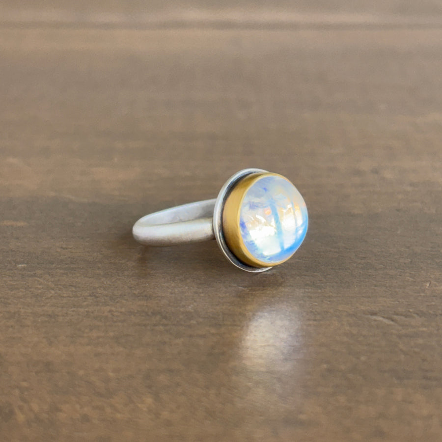 Round Moonstone Cabochon Ring with 22k Gold & Sterling Silver side