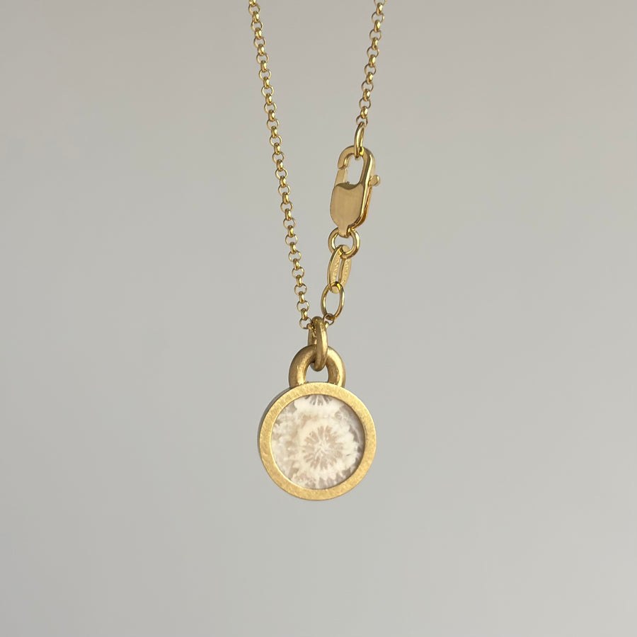 Round Petrified Coral Cabochon Pendant by Monika Krol side view 1