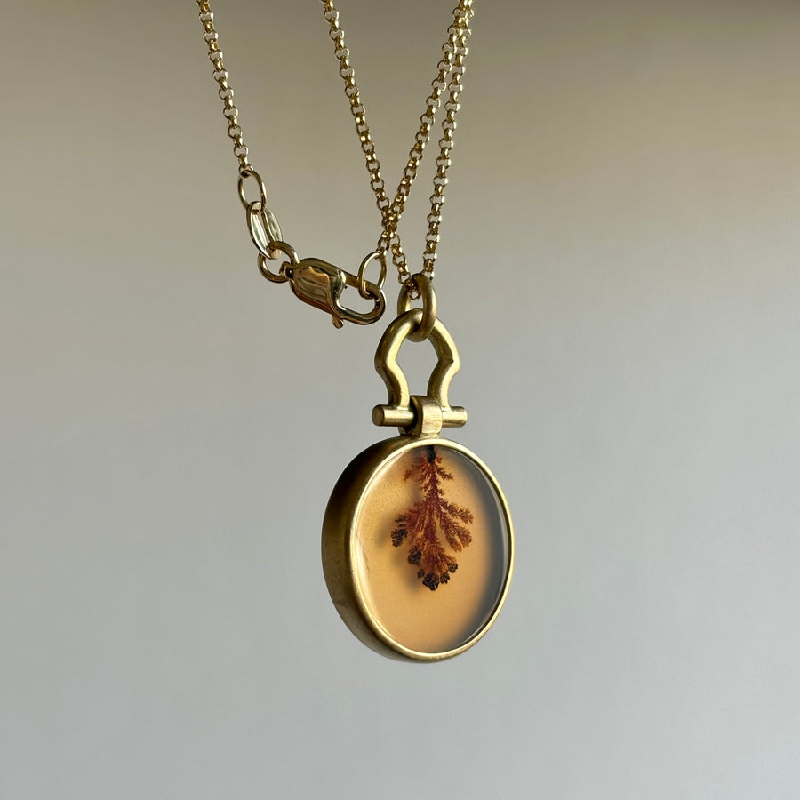 Round Tree Sprout Dendritic Agate Pendant by Monika Krol hanging view