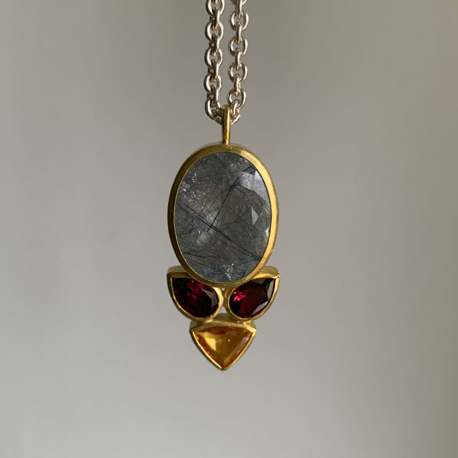  Rutilated Quartz, Garnet, & Sapphire Flora Pendant hanging view 1