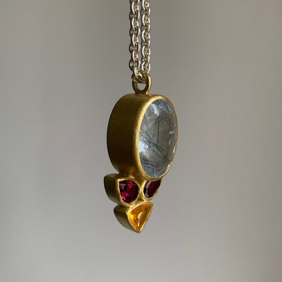  Rutilated Quartz, Garnet, & Sapphire Flora Pendant hanging view 2
