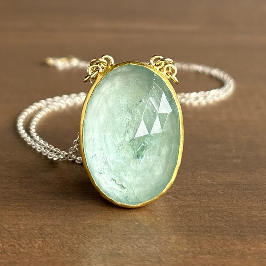 Sam Woehrmann Large Oval Rose Cut Aquamarine Pendant front view