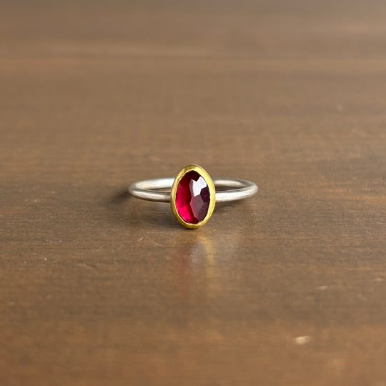 Sam Woehrmann Rose Cut Rhodolite Garnet Oval Ring front view