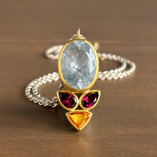 Sam Woehrmann Rutilated Quartz, Garnet, & Sapphire Flora Pendant front view