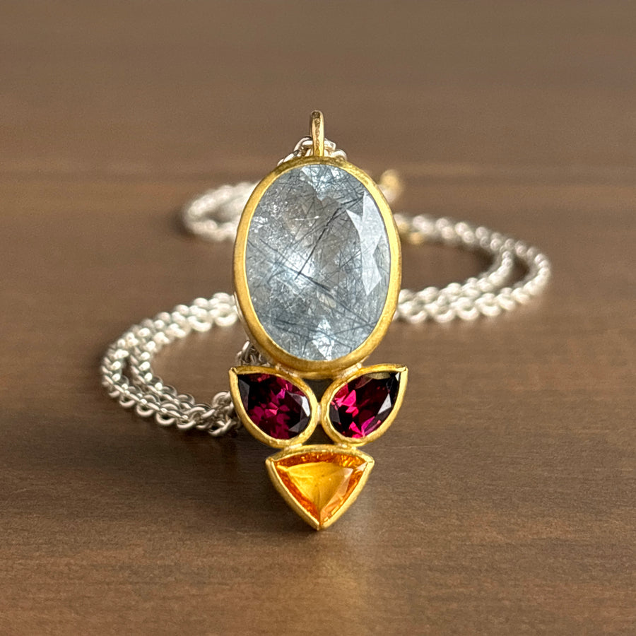 Sam Woehrmann Rutilated Quartz, Garnet, & Sapphire Flora Pendant front view