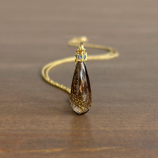 Sam Woehrmann Smoky Quartz & Aquamarine Briolette Cube Pendant front view
