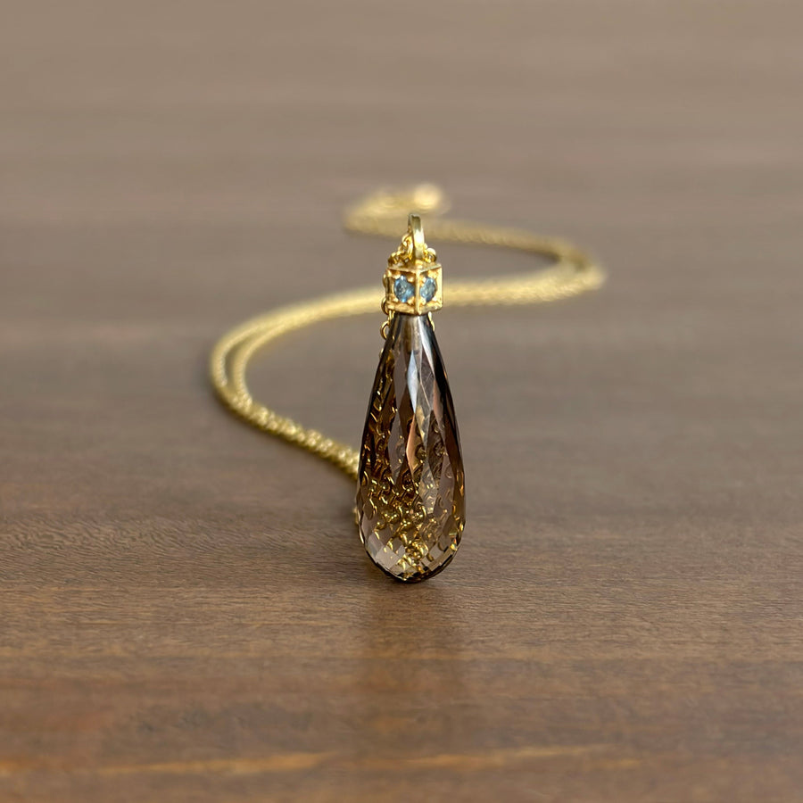 Sam Woehrmann Smoky Quartz & Aquamarine Briolette Cube Pendant front view