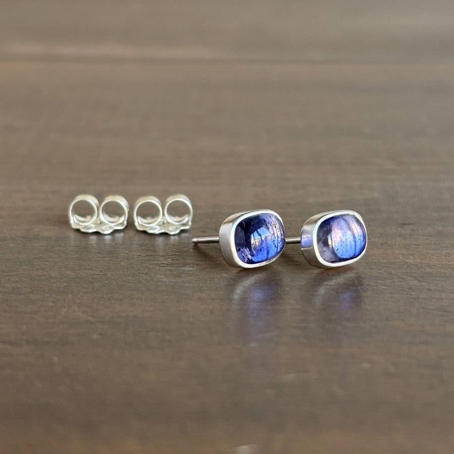 Silver Iolite Cushion Stud Earrings by Monika Krol side view