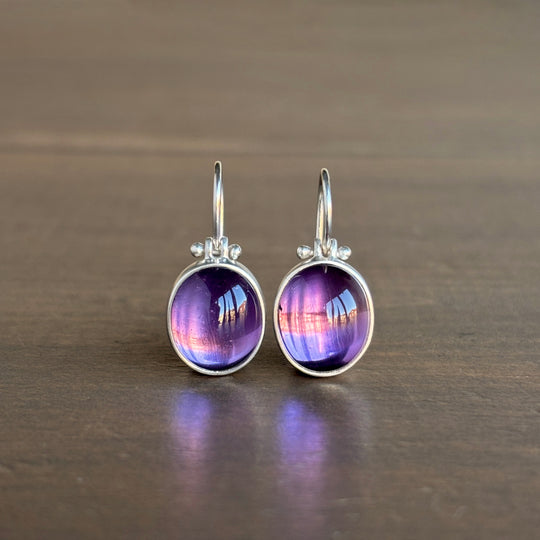 Silver Oval Violet Amethyst Cabochon Earrings by Monika Krol