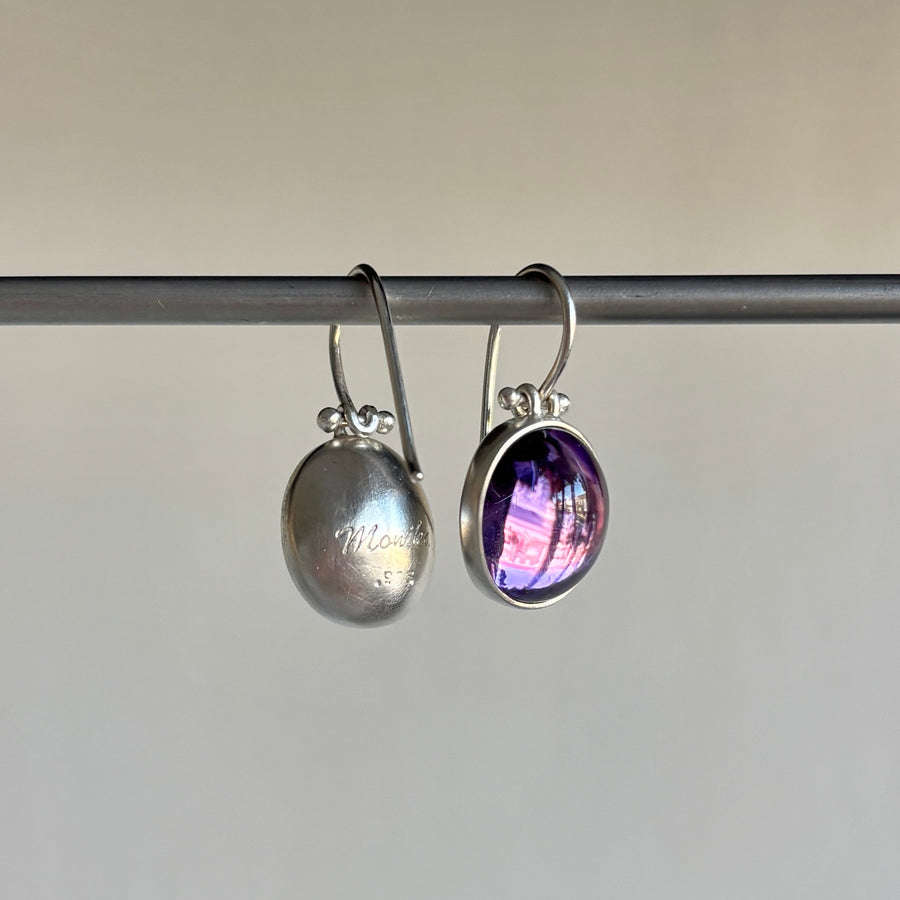 Silver Oval Violet Amethyst Cabochon Earrings by Monika Krol side view