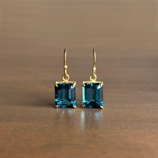 Small 18k Gold & Emerald Cut London Blue Topaz Earrings