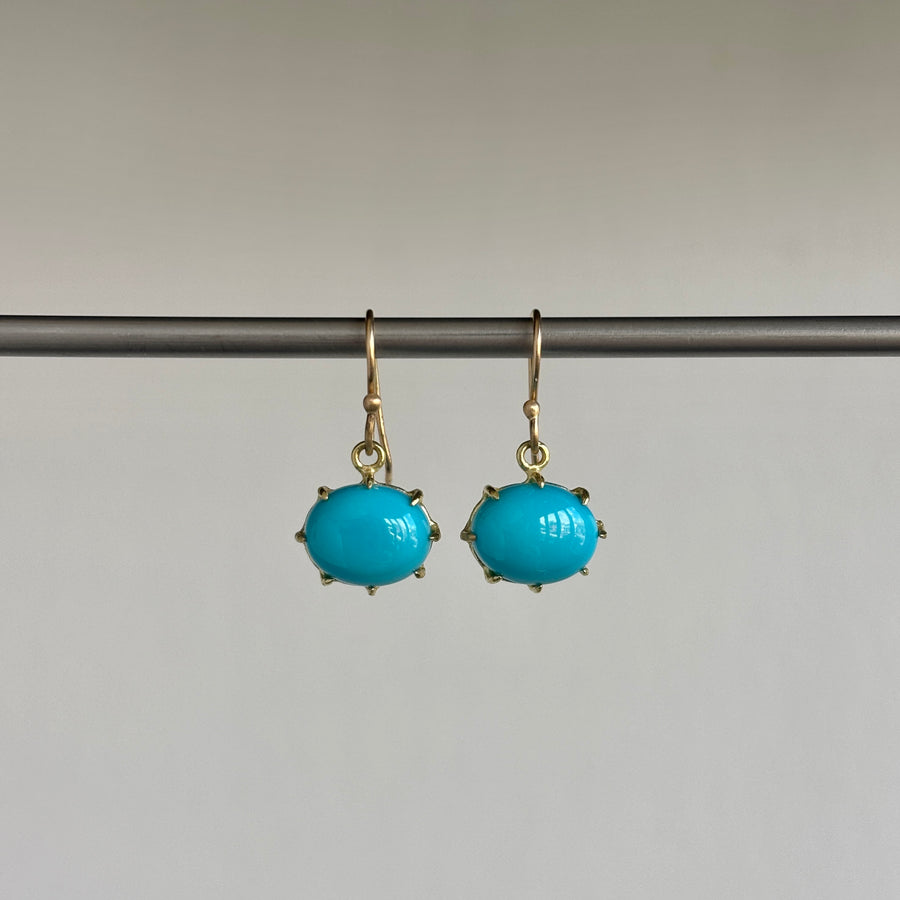 Small 18k Gold & Oval Turquoise Cabochon Earrings hanging