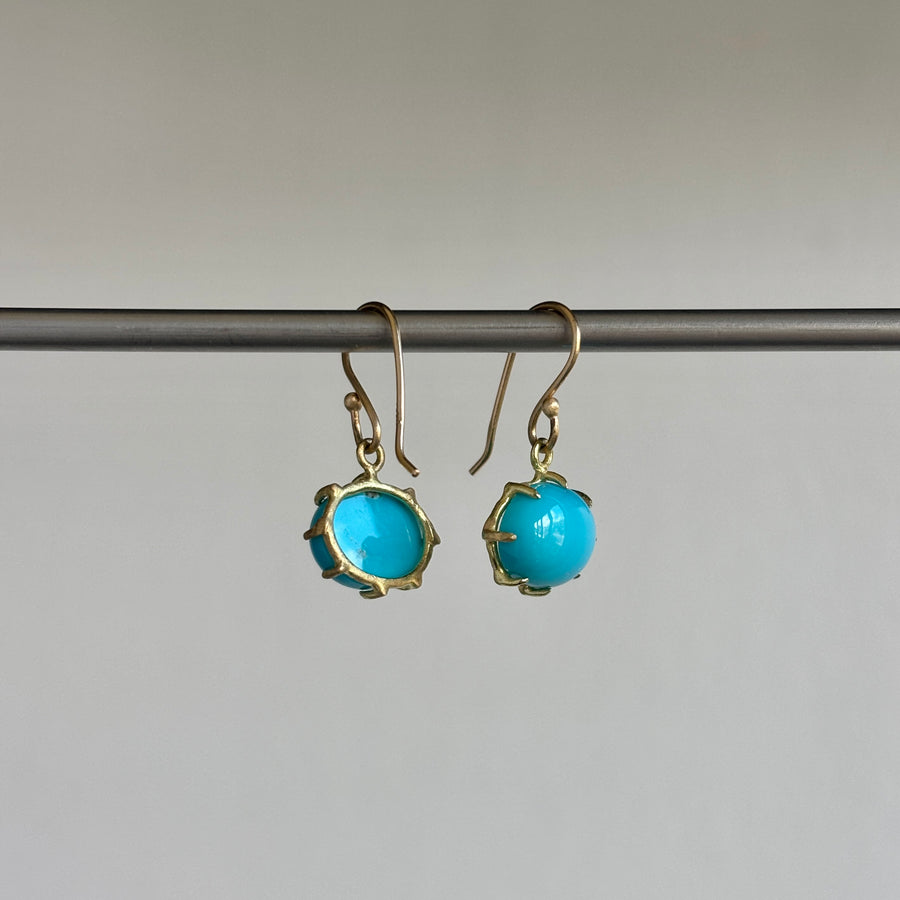 Small 18k Gold & Oval Turquoise Cabochon Earrings hanging 2