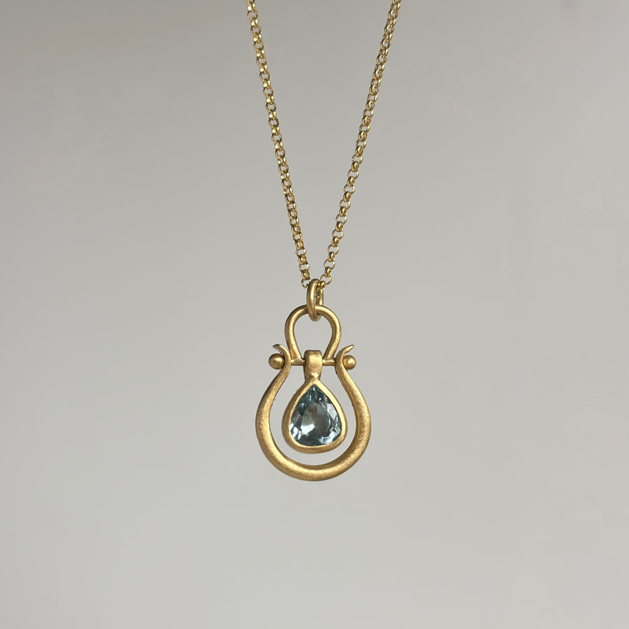 Small Light Blue Aquamarine Drop Lyre Pendant by Monika Krol hanging view