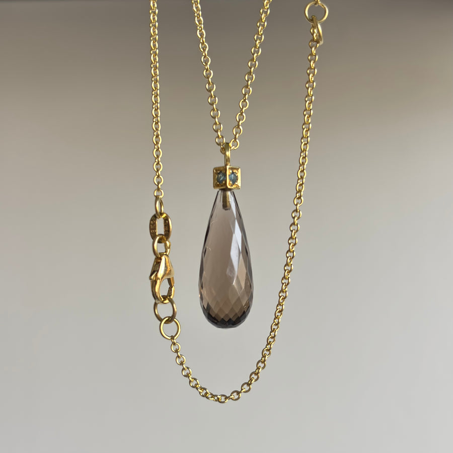  Smoky Quartz & Aquamarine Briolette Cube Pendant hanging view 1