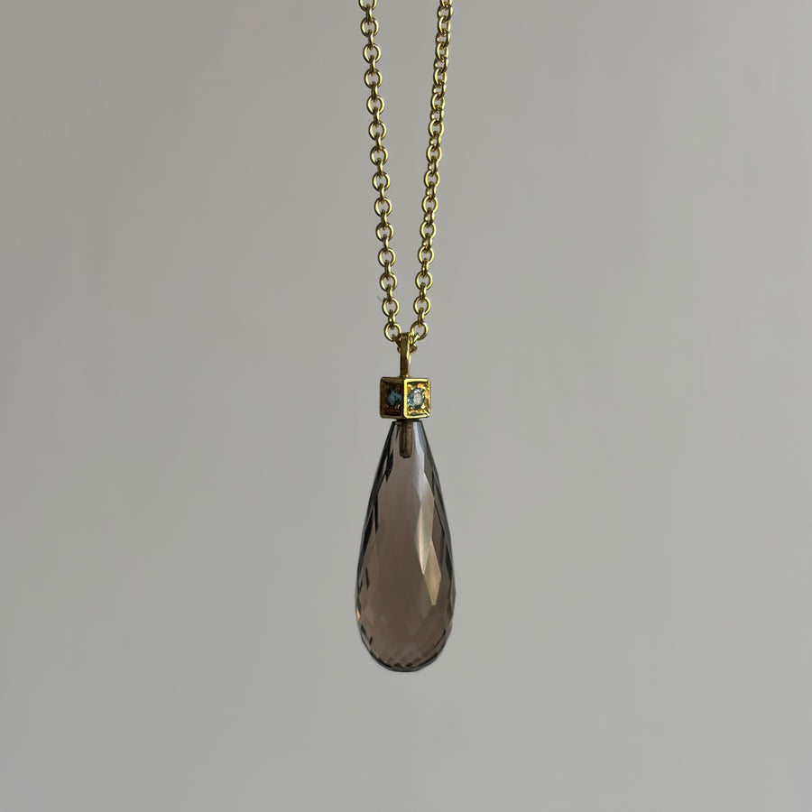  Smoky Quartz & Aquamarine Briolette Cube Pendant hanging view 2